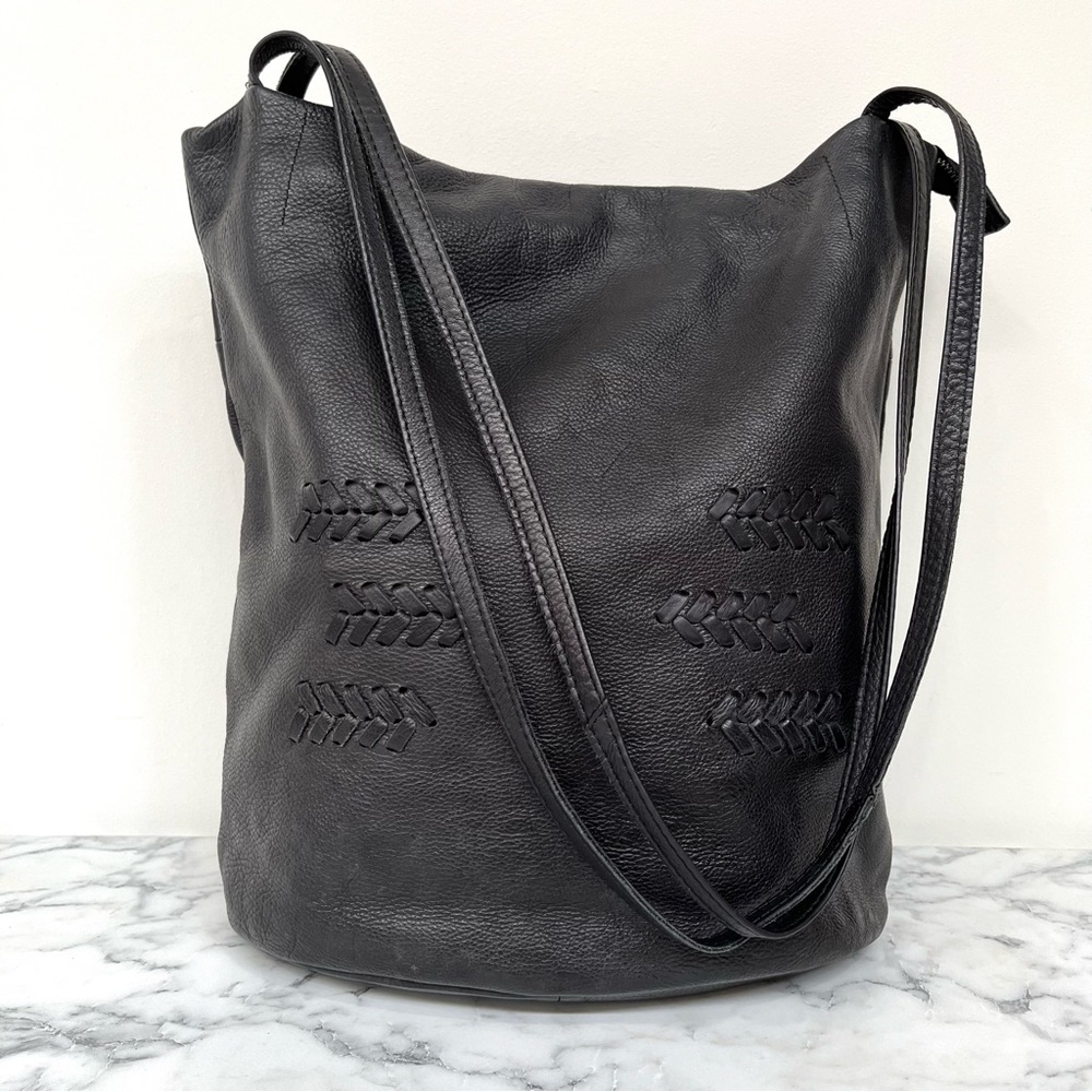 Latico Black Soft Leather Top Stitched Bucket Two Strap Shoulder Bag